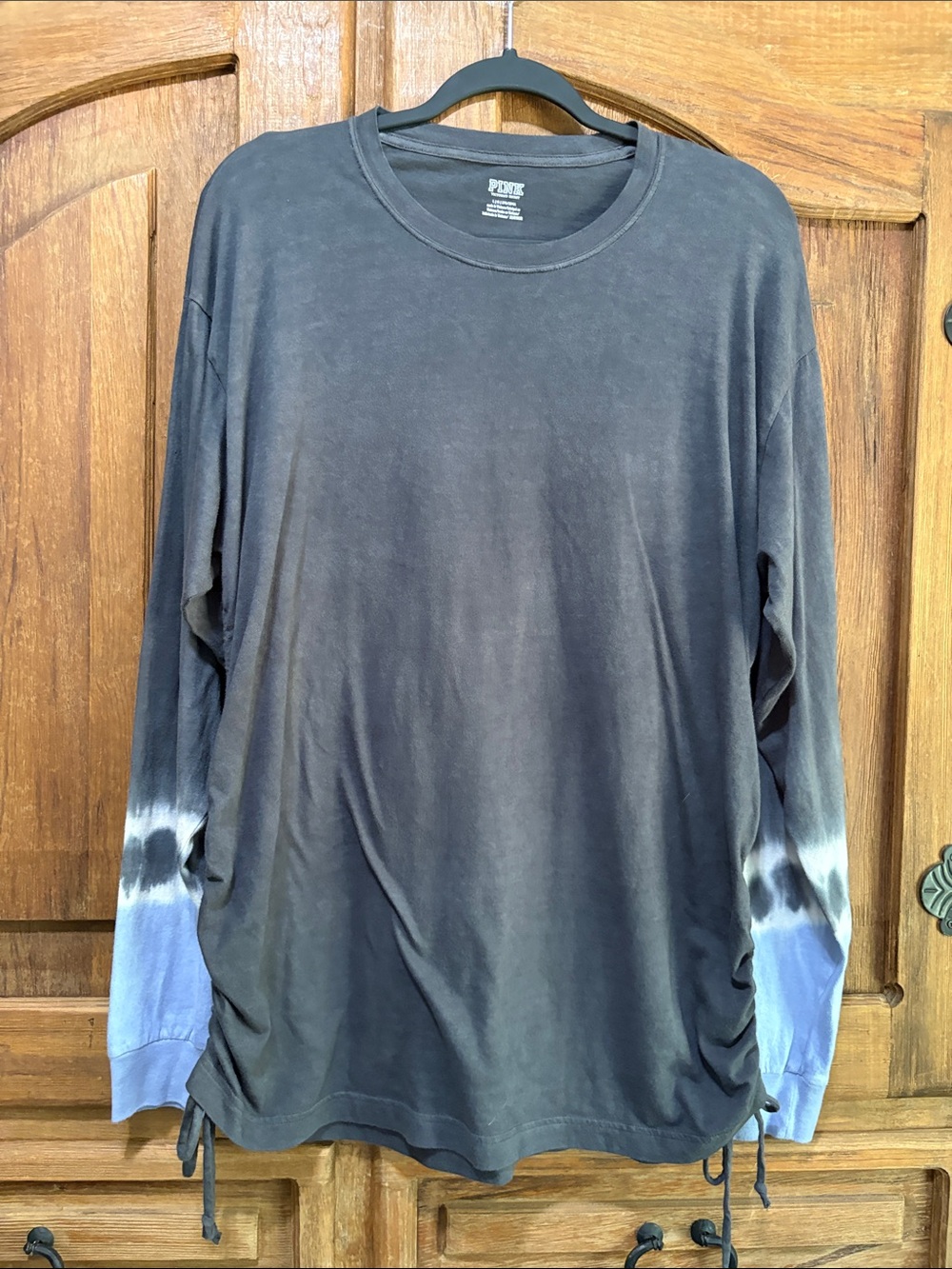 PINK Victoria's Secret Black Long Sleeve Tee with Blue Tie-Dye Sleeves
